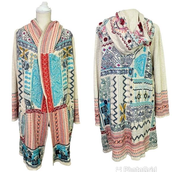 Johnny Was Sweaters - BIYA Johnny Was Floral Embroidered Open Front Hooded Cardigan Multicolor Medium